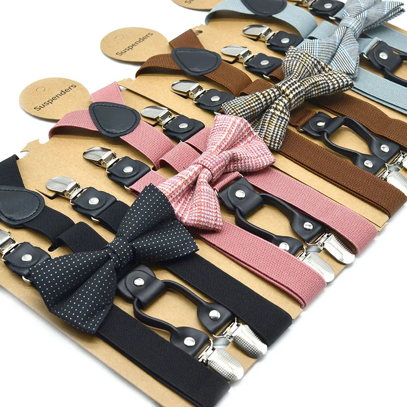 2pcs Adult Suspenders + Bow Tie 2.5cm4 Clip Fashion Solid Color Suspenders Elastic Non-slip Retro Party Wedding Accessories