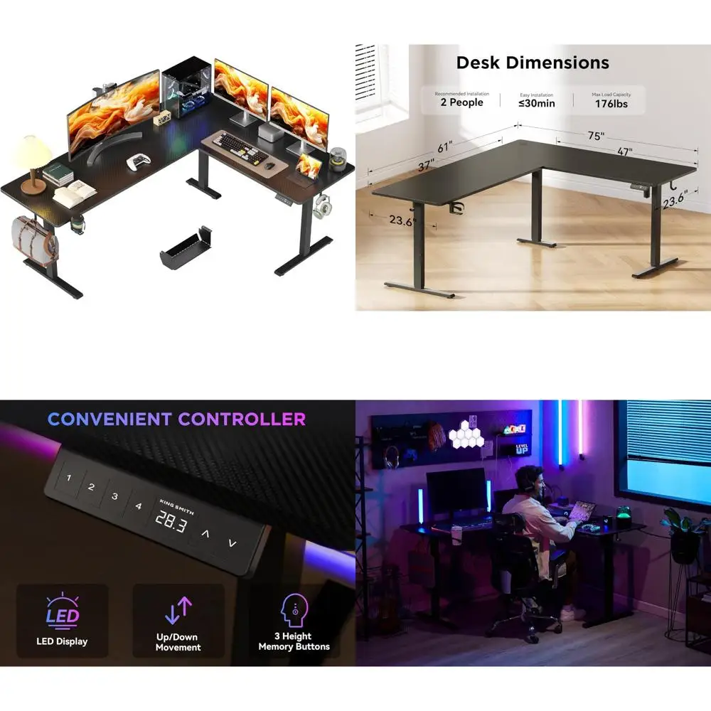 Electric Adjustable Height L-Shaped Desk with Cup Holder, Reversible Standing Corner Computer Workstation for Home Office Use