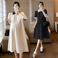 Autumn Korean Fashion Maternity Long Dress Elegant Ruffle O Neck A Line Clothes for Pregnant Women Pregnancy Clothing