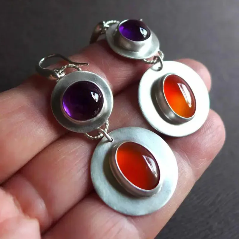 New Fashion Purple Round Resin Hook Earrings Ladies Wedding Party Jewelry Silver Color Red Orange Stone Earring Friendship Gifts