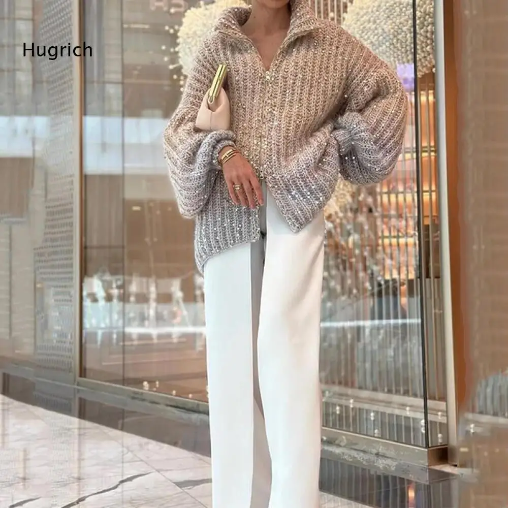 Party And Daily Wear Knit Jacket Women Gradient Sequin Ornament Zip Up Stand Collar Lantern Long Sleeve Soft Loose Fit Outer Top