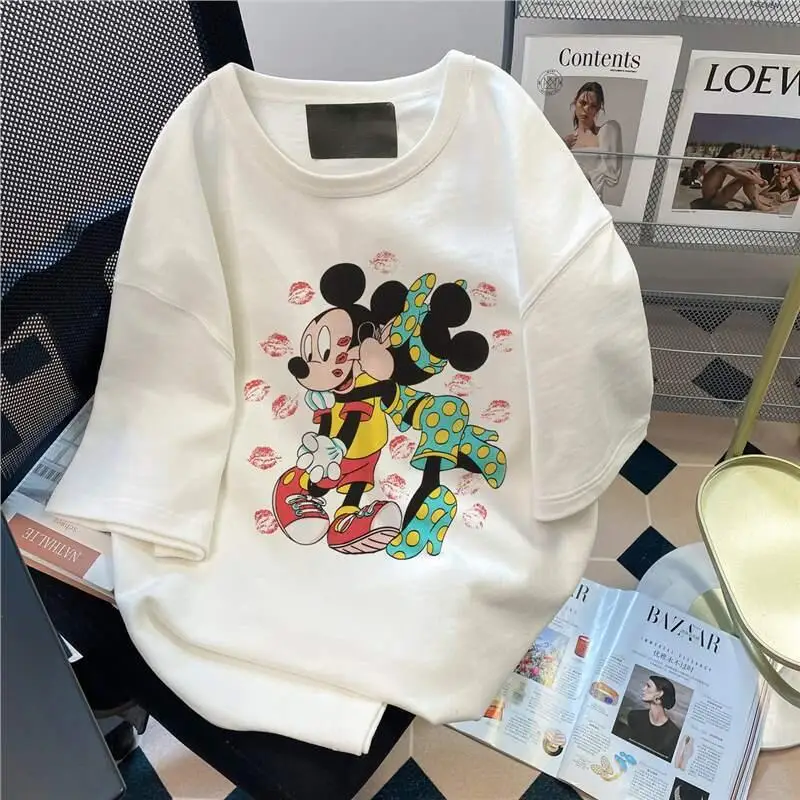 Trendy Brand New Fashion Heavy Craft Full Diamond Cartoon T-Shirt Age-Reducing Loose Short-Sleeved Tshirts Top Pullover Ladies