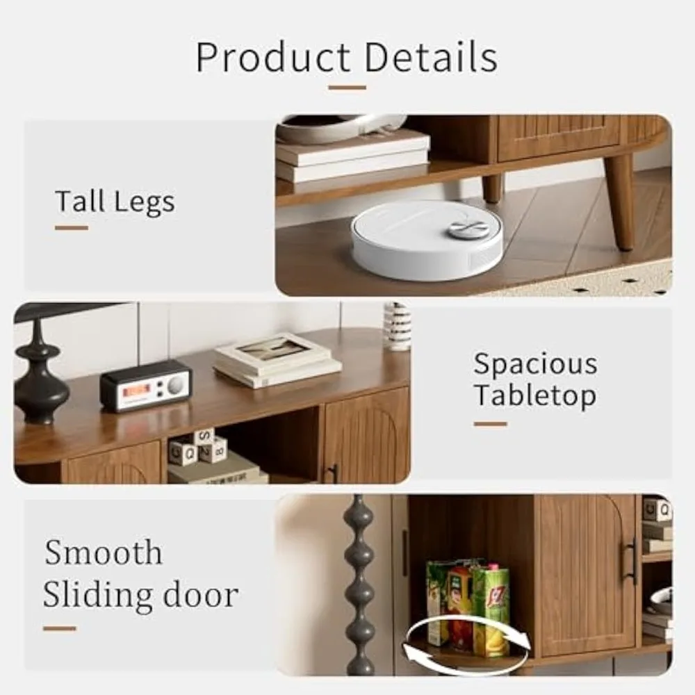 حامل تلفزيون حديث 60 من منتصف القرن مع أبواب وأدراج مخددة، وحدة تحكم وسائط منحنية لمركز الترفيه الأنيق