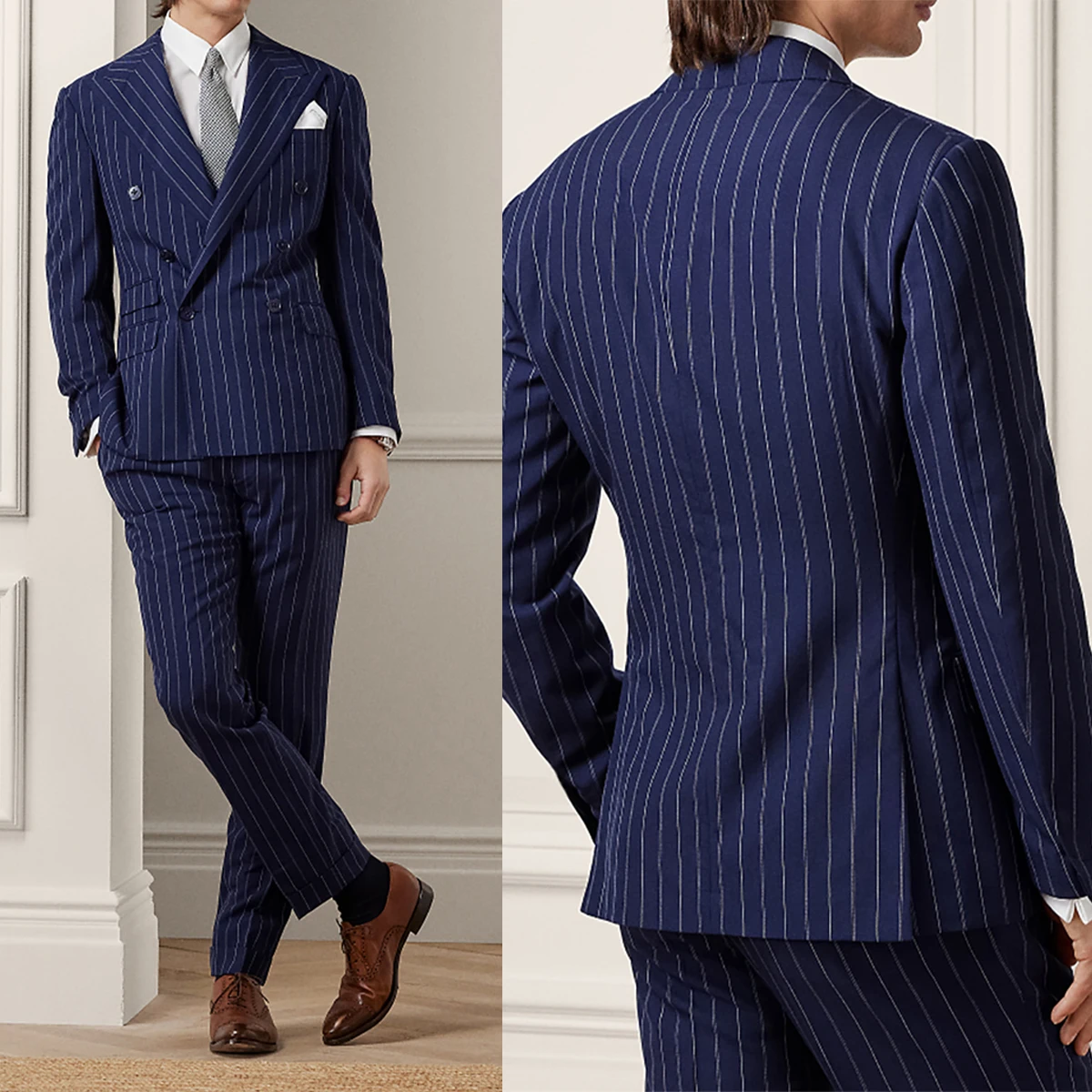 Costumes de mariage classiques pour hommes, smokings à rayures bleu marine, double boutonnage, poches à revers à pointe, blazer personnalisé, pantalon de marié, 2 pièces