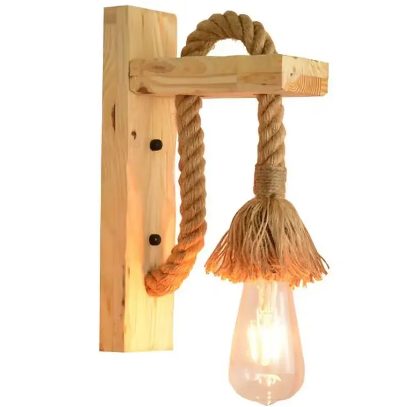 

Industrial Wood Hemp Rope Wall Lamp Lift Pulley Wall Lights Fixture for Bedside Kitchen Lighting Restaurant Staircase Corridor