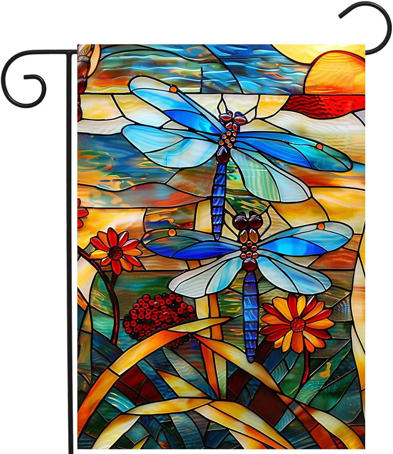 Stained Glass Dragonfly Garden Flag Spring Summer Yard Flag Fall Floral Decorative Flags for Outside 12x18 Double Sided Small Se