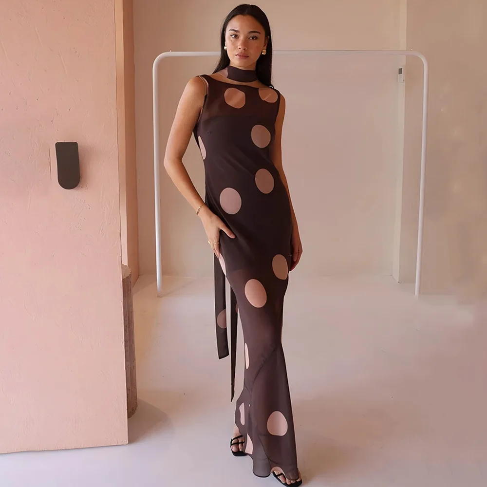 Платье макси с лентой в горошек и круглым вырезом для женщин, элегантное сексуальное платье без рукавов с открытой спиной, модное клубное вечернее длинное платье с высокой талией