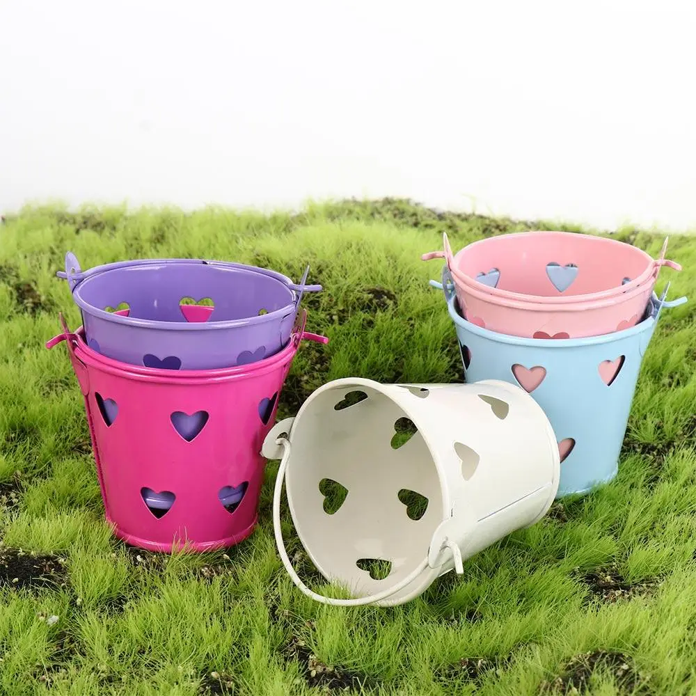 Simple Candy-colored Hollow Iron Bucket Cute Heart-shaped Mini Heart-shaped Box Hollow-out Tinplate Water Bucket Storage Box