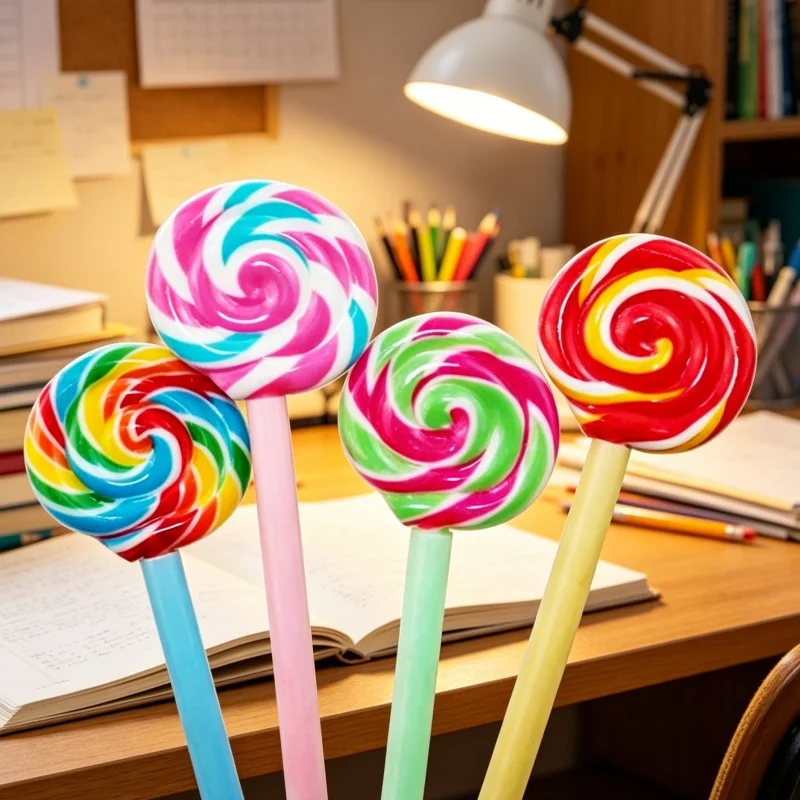 

7-Pack of Black Gel Pens with Random Colors, Lollipop-Shaped, 0.5mm Ballpoint Pens, Student Stationery, Fresh Style, Essential for Study and Office, Black Signature Pens