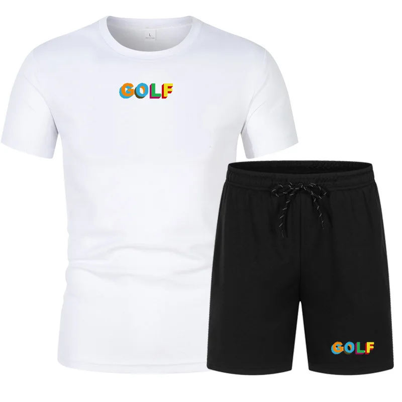 Zomer Golf Logo Kleur Afdrukken Mannen Sportkleding Tweedelige Pak Fitness Uniform Korte Mouwen Blauw T-shirt + shorts