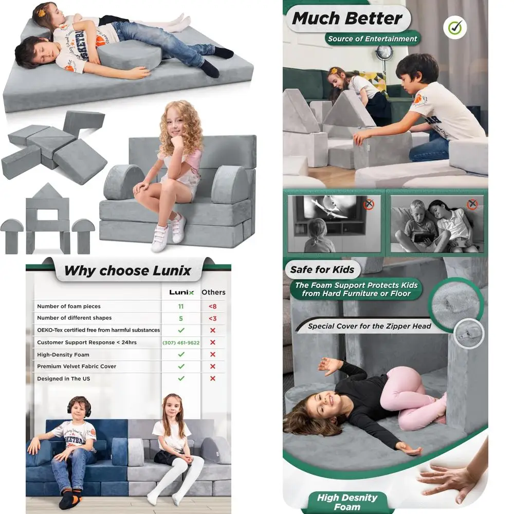 

Modular Kids Play Couch Set, 11-Piece Child Sectional Sofa for Toddlers, Playroom and Bedroom Furniture, Convertible Design