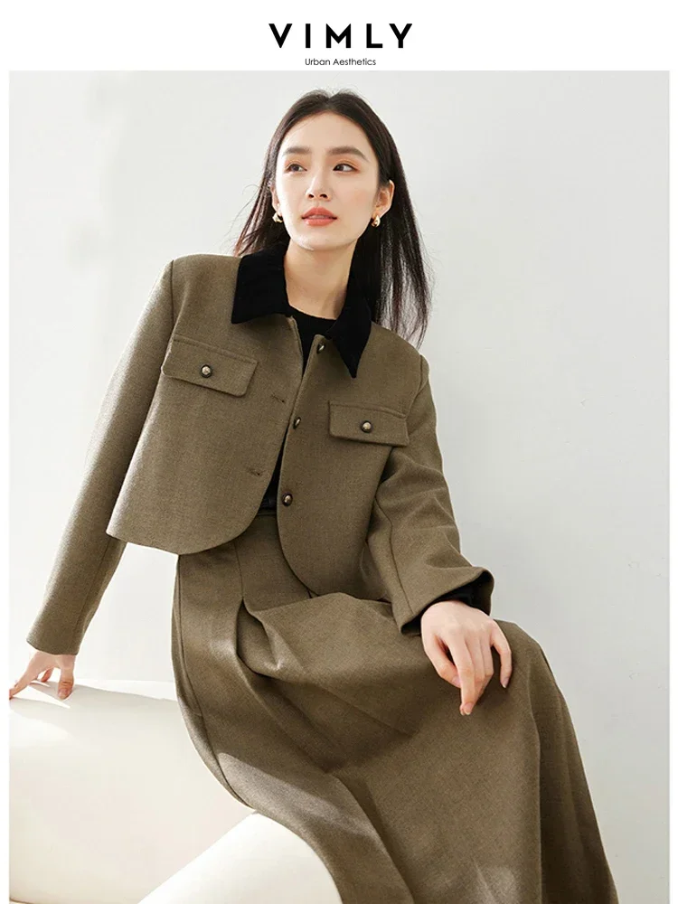 Vimly Women 2 Piece Set Elegant Outfit 2023 Contrast Cropped Jacket Elastic Waist Pleated Midi Skirts New in Matching Sets M5110