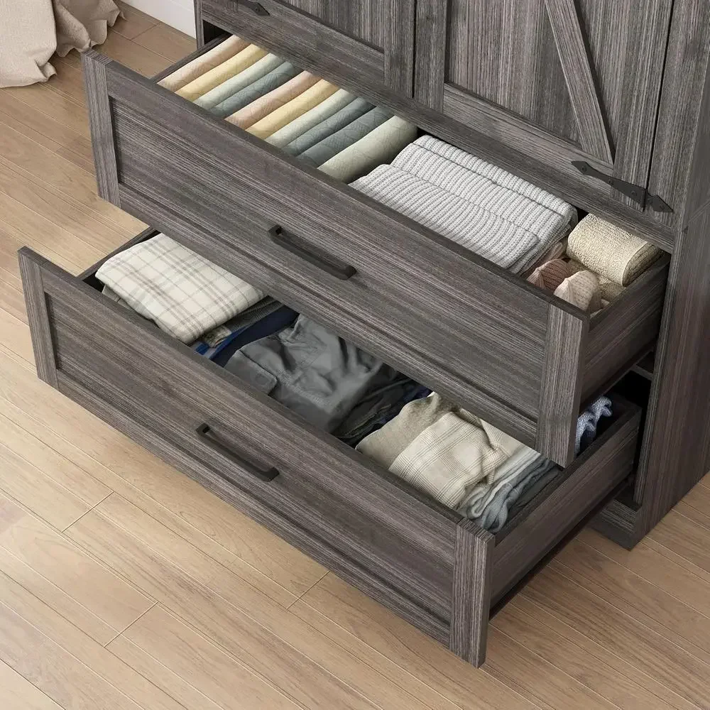 Grey Farmhouse 2 Door Wooden Wardrobe Armoire Closet with Drawers Adjus  Shelves Hanging Rod for Bedroom Storage