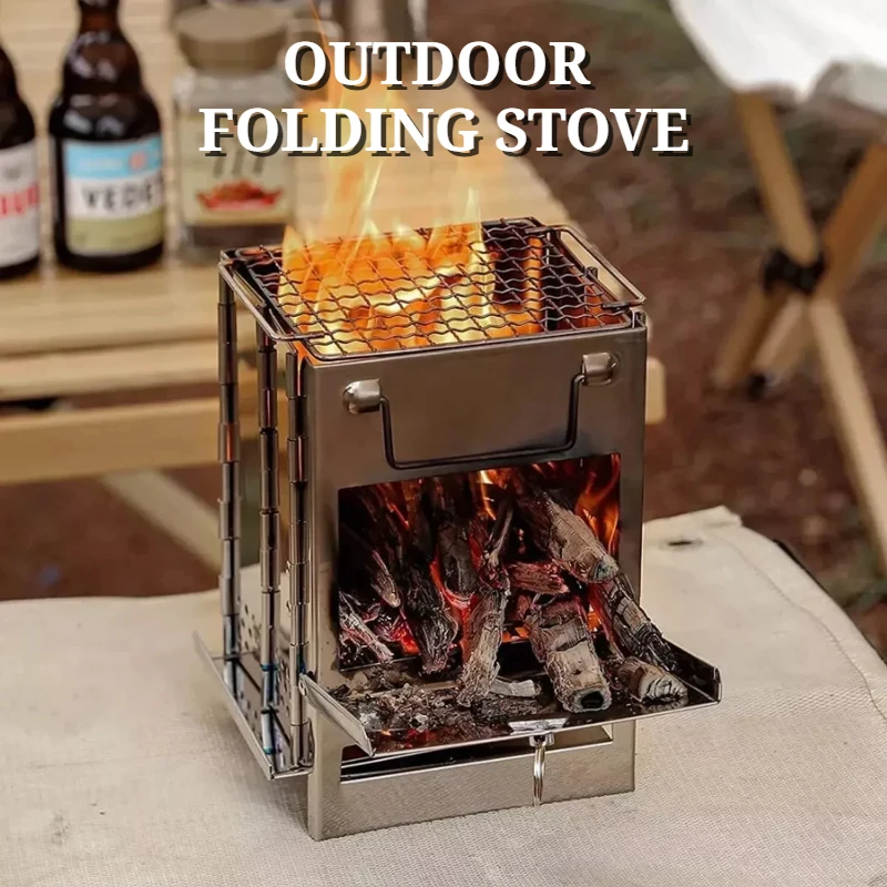 

Outdoor Folding Wood-burning Stove, Portable Mini Square Camping Barbecue Grill, Stainless Steel One-piece Fire Heating Stove