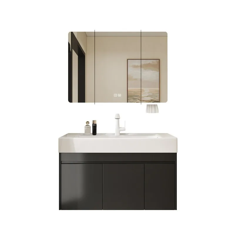 16cm deep ceramic integrated basin with pull basket black all-aluminum bathroom cabinet combination bathroom face wash sink