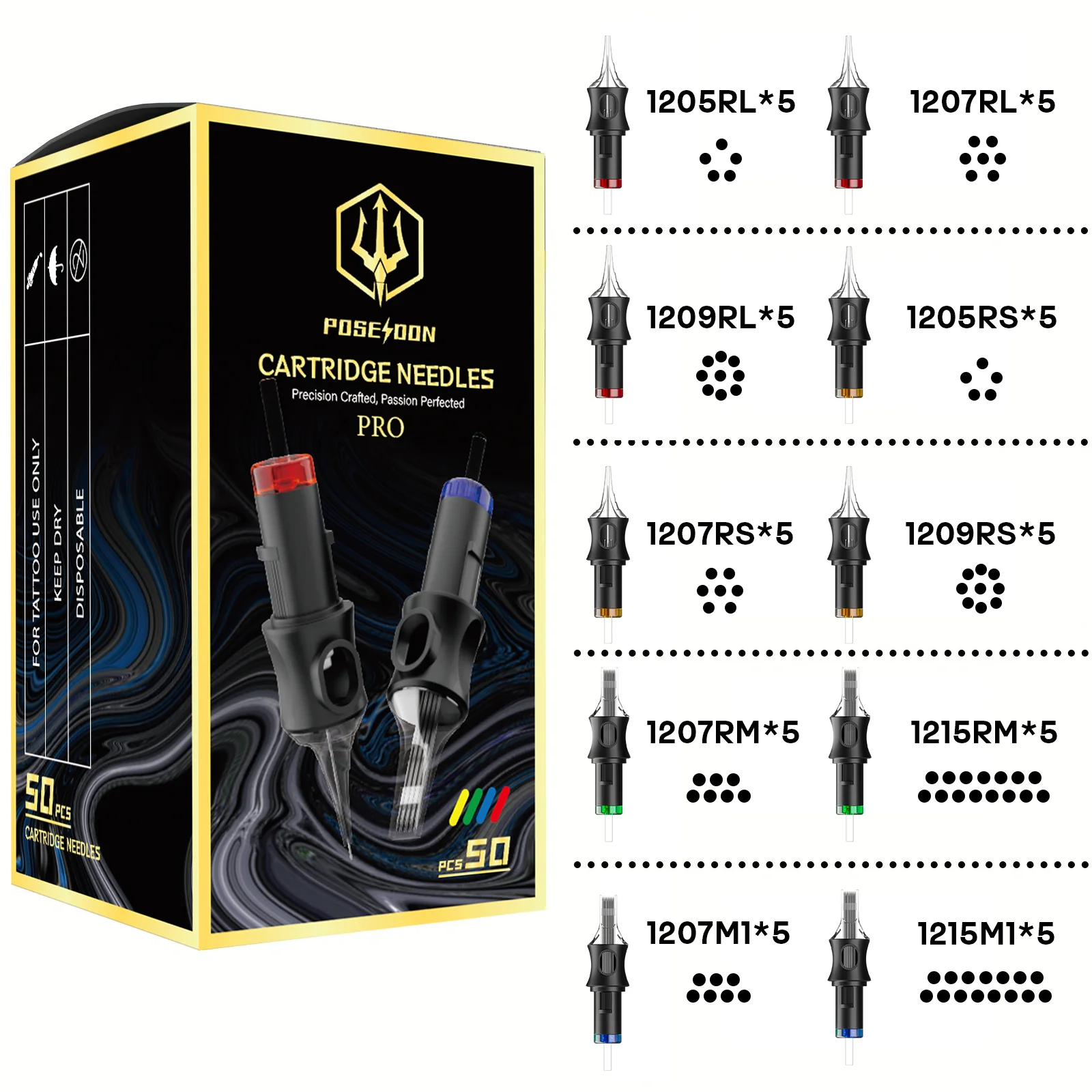 

POSEIDON V5 Tattoo Needle Kit 50Pcs 12 Mixed Tattoo Cartridge Needle Disposable Safty Permanent Makeup Tattoo Needles Kit