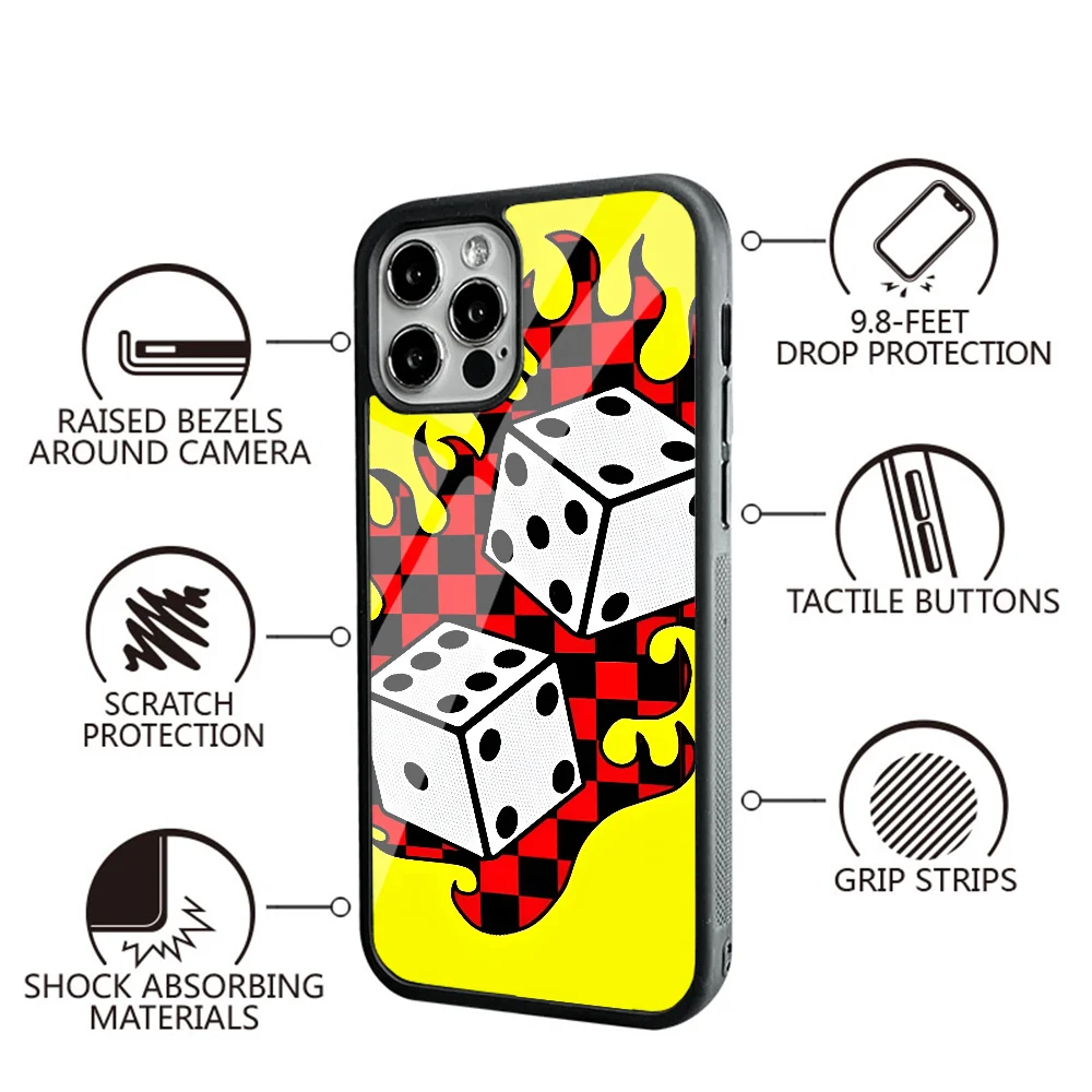 Soft Dice Fire Flame Checkpoint Phone Case For IPhone 11 12 13 14 15 Plus Pro Max Mirror Acrylic PC TPU Cover