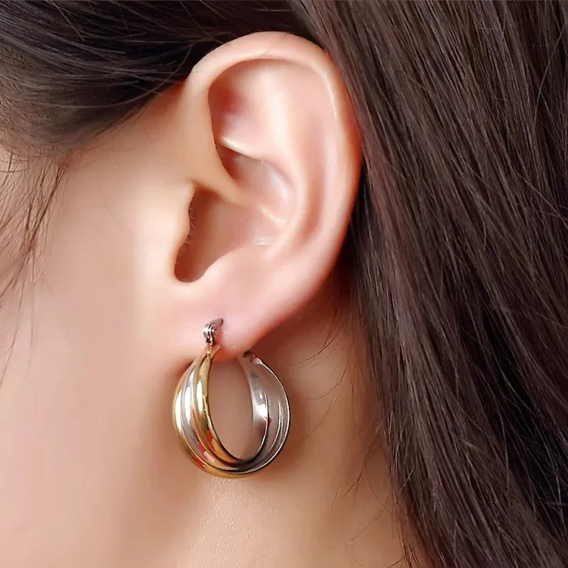 Fashion 316L Stainless Steel Three Tones Twist Ear Circle Round Hoop Earrings Dropshipping Titanium Women Cheap Earring Jewelry