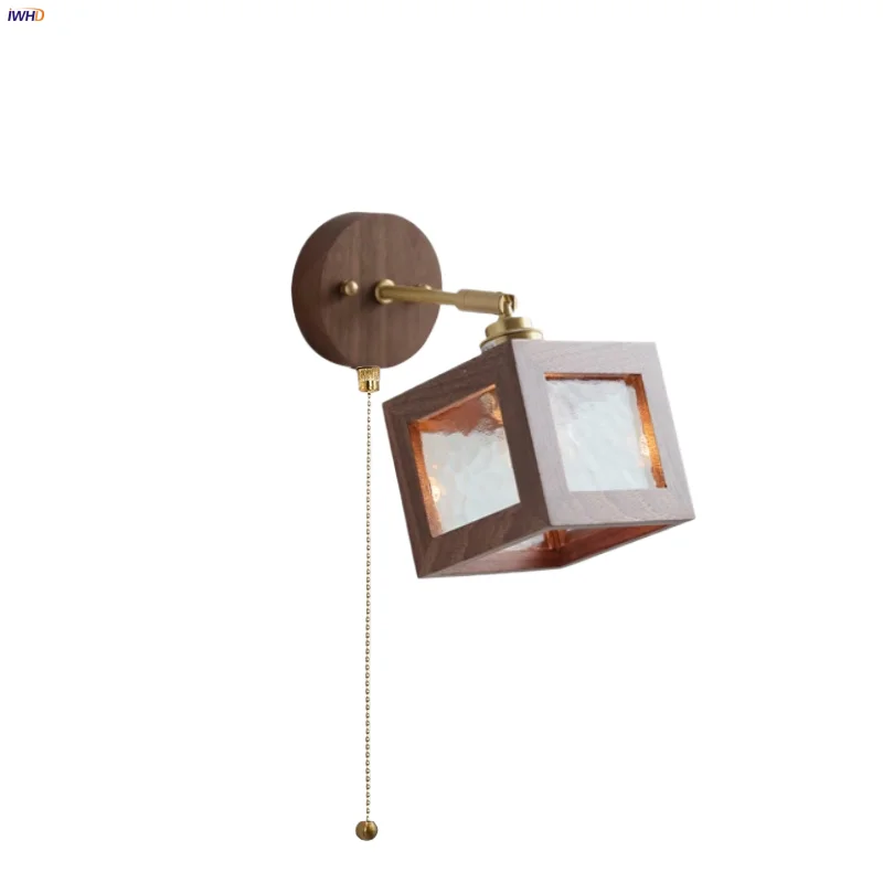 

IWHD Clear Glass LED Wall Light Fixture Hotel Reading Porch Pull Chain Switch Walnut Wood Nordic Modern Wall Lamp Sconce Lampara