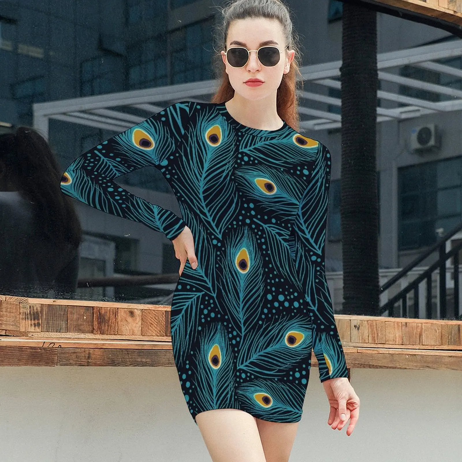 Peacock Feathers Dress Women Animal Feather Street Fashion Bodycon Dress Spring Long Sleeve Dresses Design Oversized Clothing