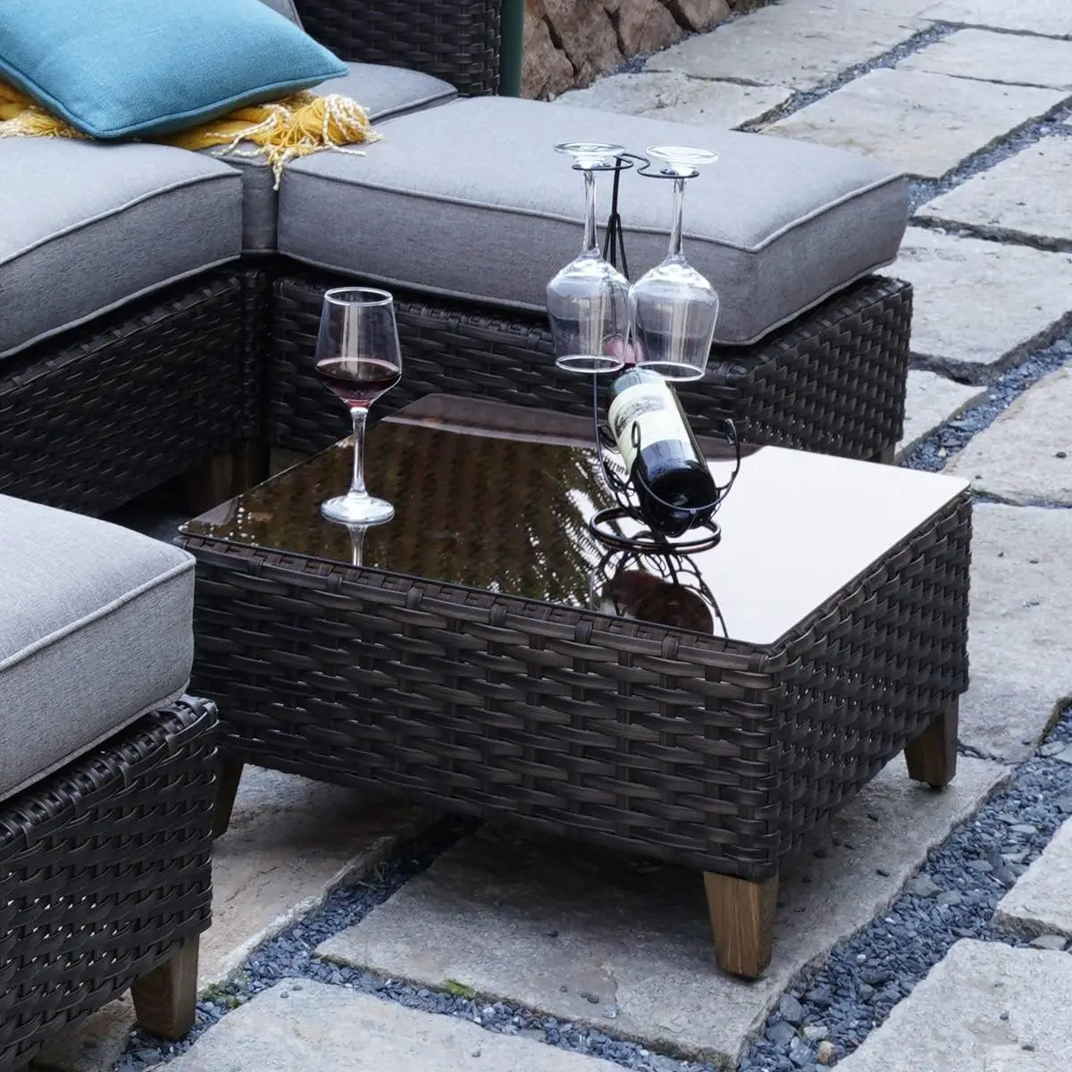 Outdoor Coffee Table Wicker Patio Side Table Wicker Patio Table Furniture Conversation Set with Glass Top