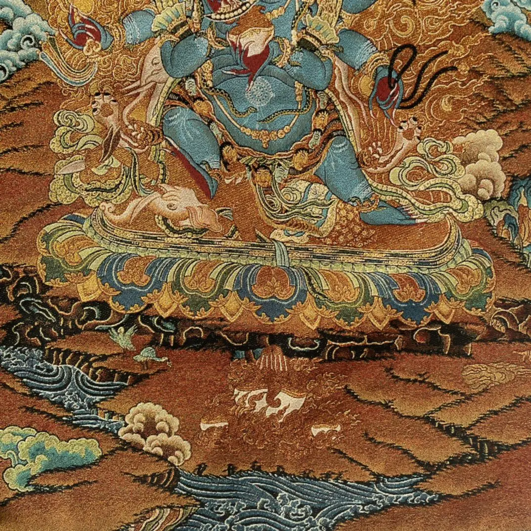 

35"Thangka Embroidery Tibetan Buddhism silk brocade Six Arm Mahakala Thangka hanging screen Worship Hall Town house