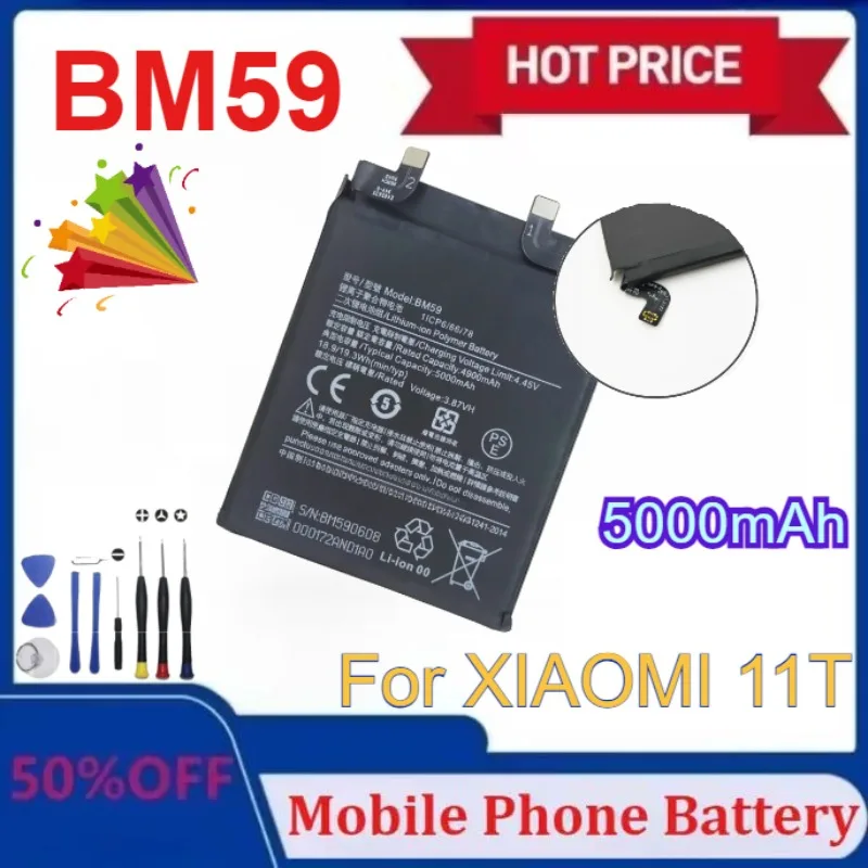 

Новый обновленный аккумулятор для XIAOMI 11T, высококачественная литиевая батарея BM59, 5000 мАч, с бесплатными наборами инструментов для аккумулятора телефона XIAOMI