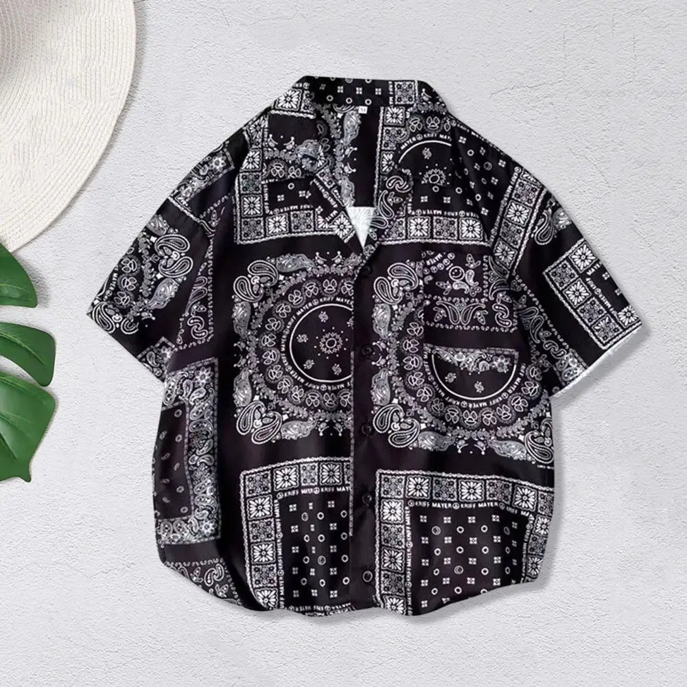 Trendy Men Shirt Shrink-proof Beach Shirt Short Sleeve Versatile Summer Cashew Nut Floral Printed Hawaiian Shirt