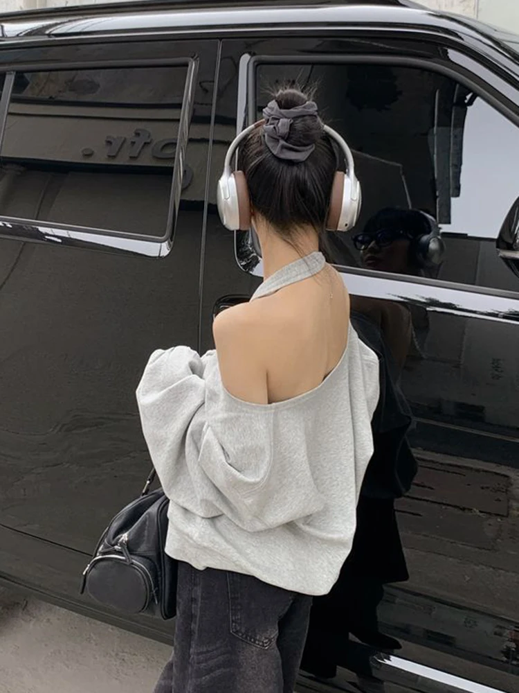 

Сексуальная толстовка с лямкой на шее, женская уличная одежда, пуловеры с открытыми плечами и v-образным вырезом, винтажные свободные дизайнерские топы с открытой спиной, женские корейские топы, новинка