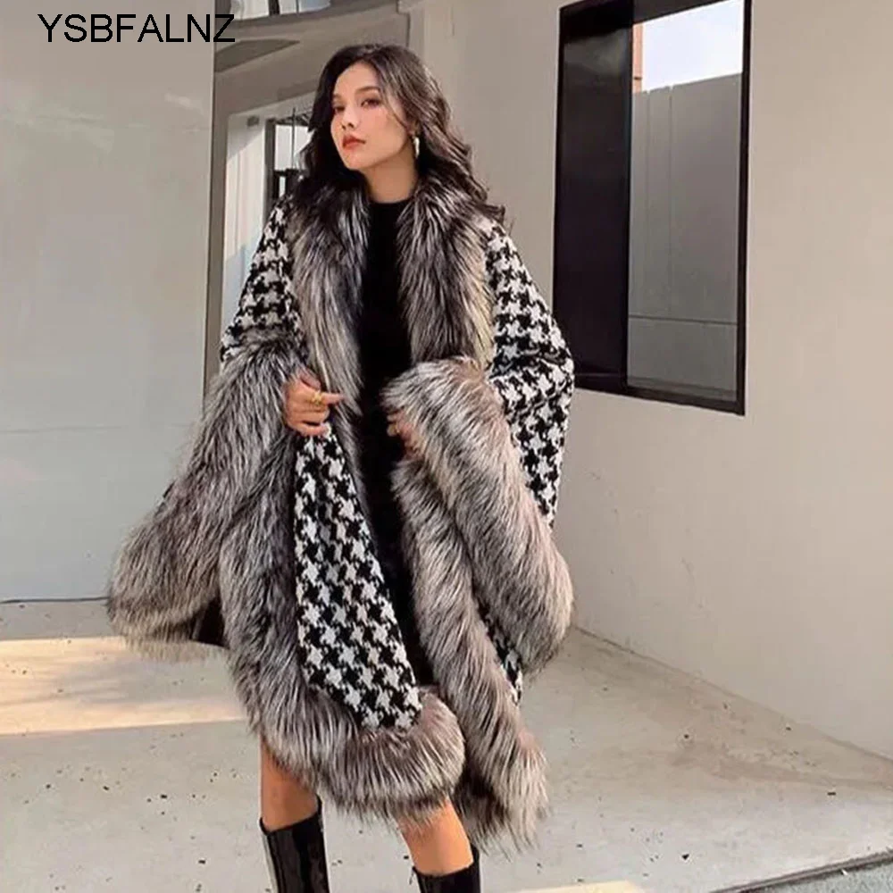 2023 Women\'s Fur Coat Poncho Wool Warm Fashion Houndstooth Knitted Cloak With Fur Trim Luxury Faux Silver Fox Fur Poncho Cape