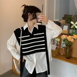 Women Striped Sweater Vest Spring 2024 Autumn New Loose Polo-Neck Knitted Sweater Sleeveless Warm Vest Pullover Tops Outerwear