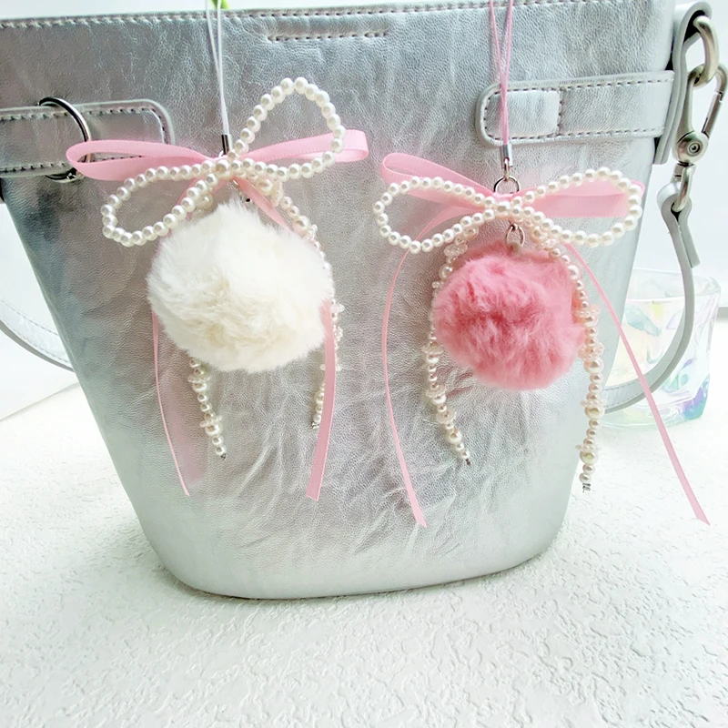 New Cute Fluffy Ball Pearl Bow Pompom Keychain Mobile Phone Chain Backpack Hanging Accessories Charm Jewelry Party Gifts