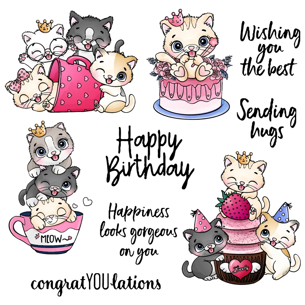 

MangoCraft Metal Cutting Dies Clear Stamp Cute Cats kitty & Birthday Cake Scrapbooking Decor DIY Dies Silicone Stamps For Card