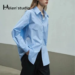 Original 100% Cotton Women's Blouses And Shirts Blue Long Sleeve Tops Summer Elegant Blouses Female Quality Women's Clothing