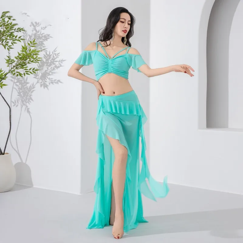 Women Light Belly Dance Costume Set Off Shoulder Crop Top & Ruffle High Split Long Skirt 2pcs Outfit For Practice Photoshoot view 5