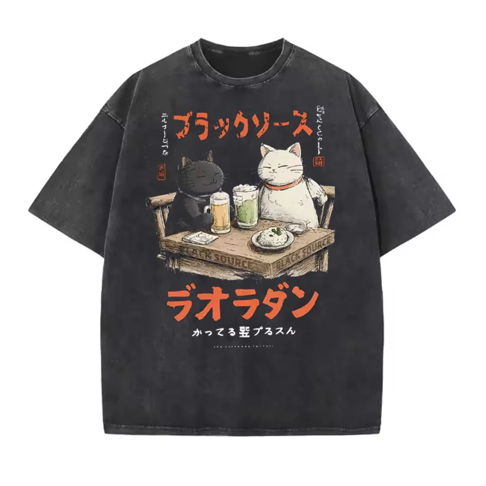 Japanese Harajuku Funny Drinking Cat Sushi  Sashimi High Quality T-shirt Cotton Graphic T Shirts Loose Short-sleeve Wardrobe