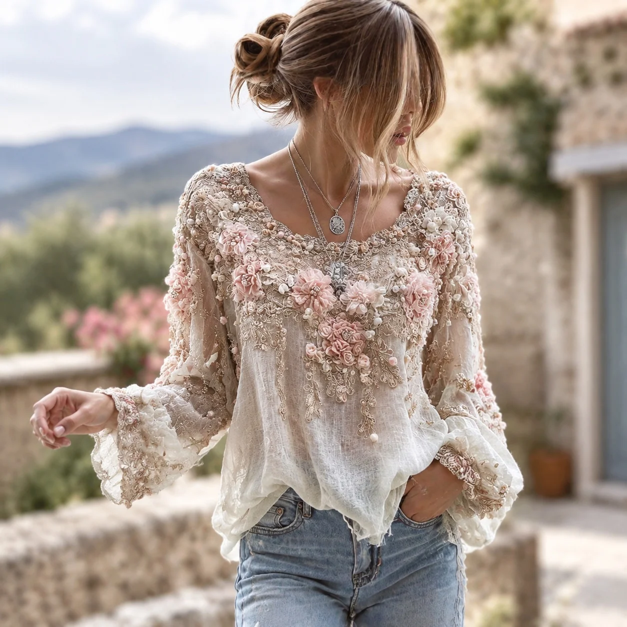 Round Neck Top Printed Long Sleeve Fresh Sweet 3D Pattern Mid Length Regular Fit Pullover Women Shirts with 3d Print Blouse