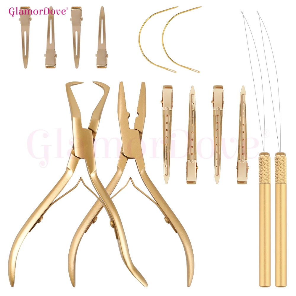 

GlamorDove Hair Extension Tool Kit – Micro Ring Pliers, Removal Pliers, Loop Tool, C Needles & Clips for I-Tip & Weft