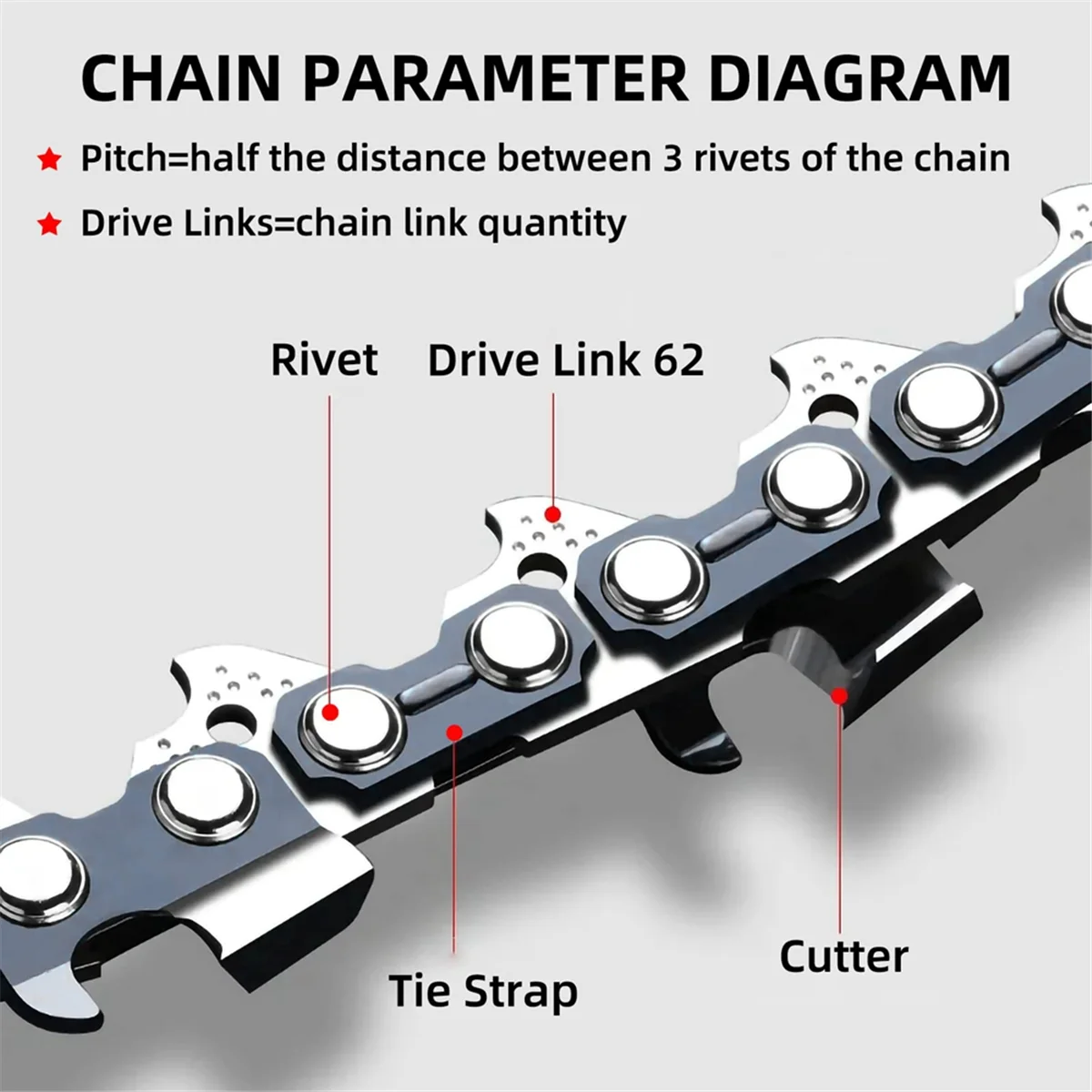 4Pcs 18Inch Chainsaw Chain 62 Drive Links 0.05In Gauge, 3/8In Pitch, 18In Replacement Chain Low-Kickback Chainsaw Chain