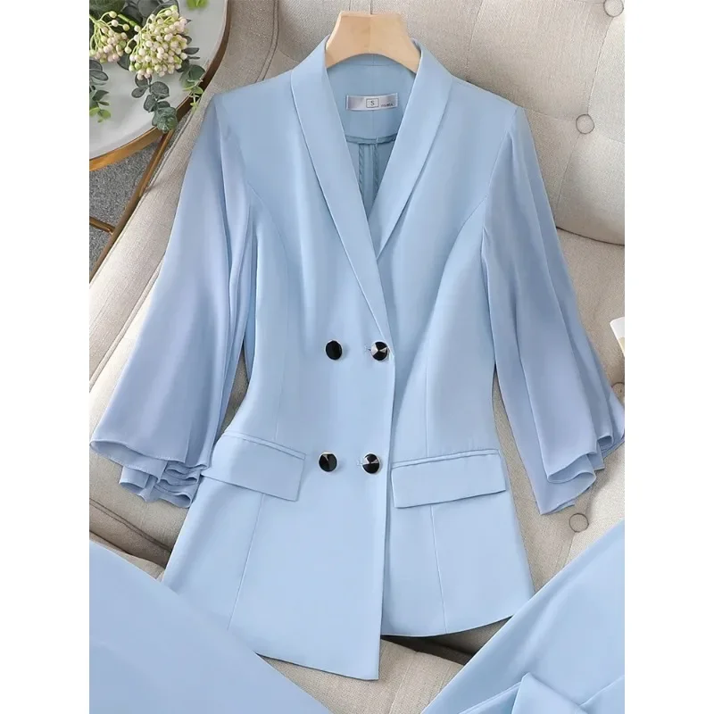 Blazer formal para mulheres, jaqueta de manga três quartos, azul e branco, casaco monocromático para senhoras, moda de negócios, primavera e verão