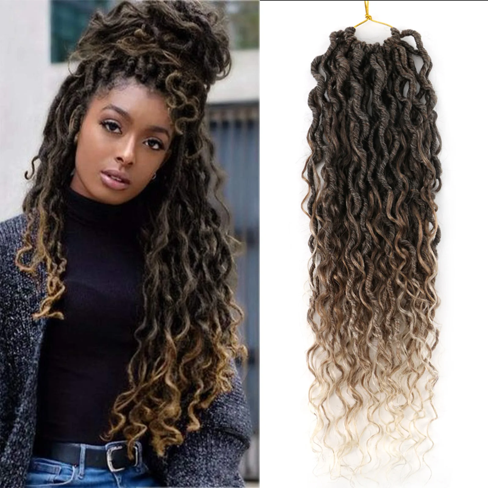 

Волосы River с вьющимися концами Goddess Faux Locs Вязаные крючком волосы для чернокожих женщин 18-дюймовые локоны в стиле бохо Локоны Вязаные крючком волосы