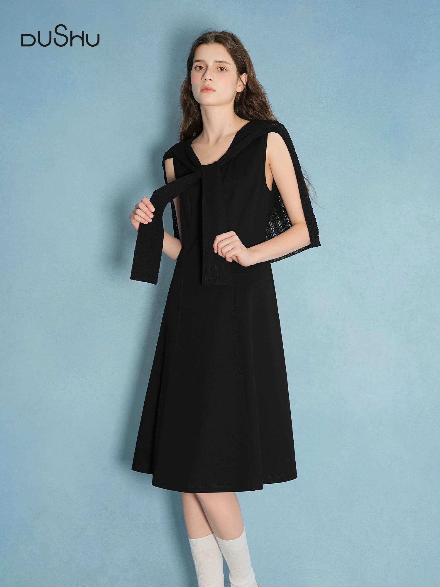 

DUSHU Plus Size Women Black Dress Officelady 2025 Autumn New Black Dress Slim Skirt Sleeveless Long Dress 25DS83185+25DS83252