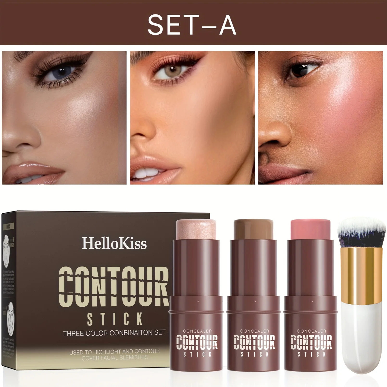 عصا كونتور، عصا أحمر الخدود، عصا هايلايتر، عصا برونزر، طقم كونتور كريمي 3 قطع مع فرشاة هدية مناسبة لعيد الميلاد