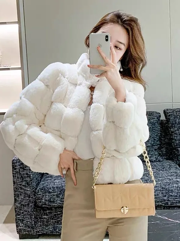 Abrigo coreano Sle Thiened ort Fem, abrigo de piel de visón Artificial, abrigo de invierno cálido acolchado de piel de conejo para mujer