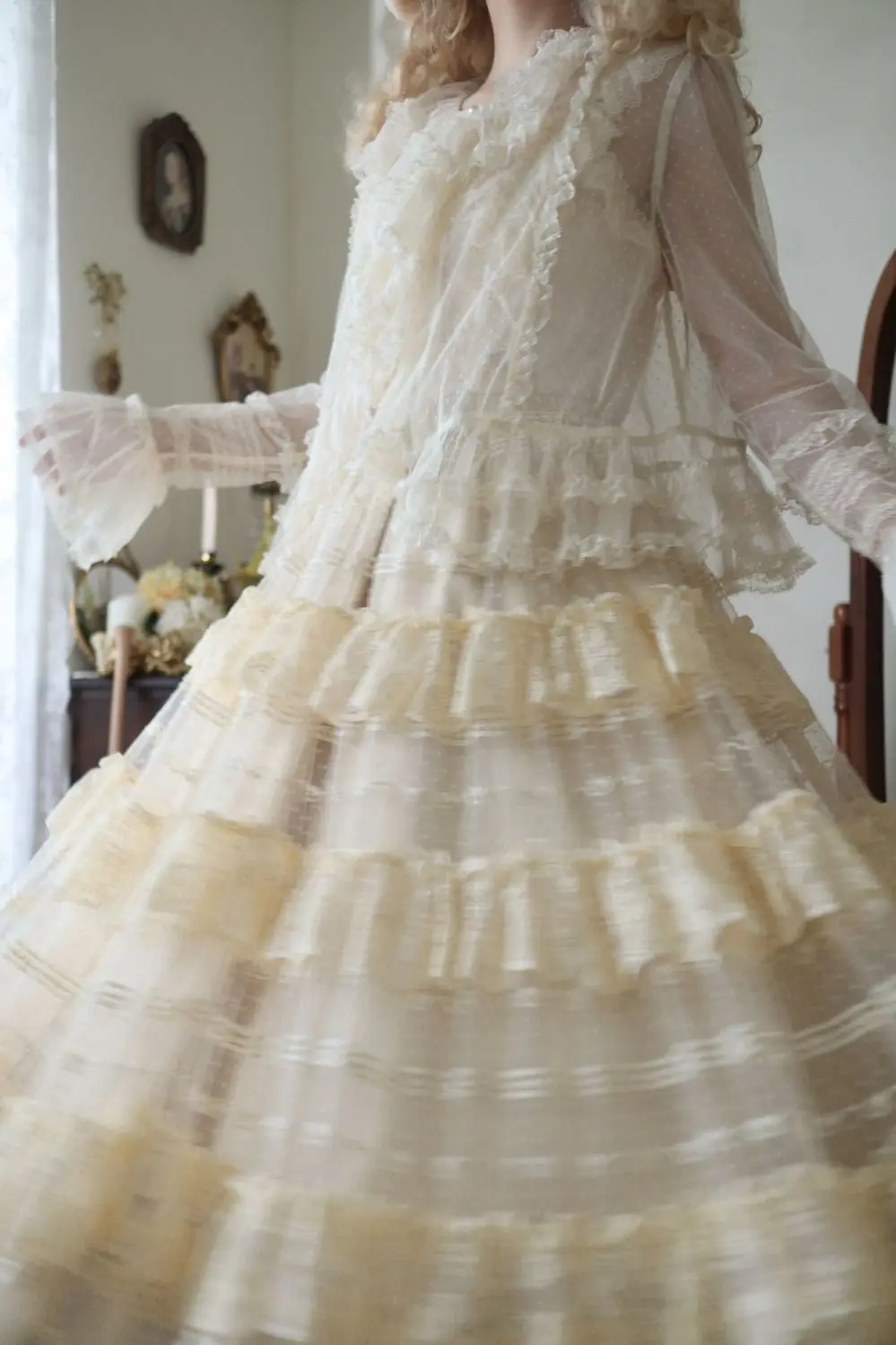 로리타 스윗 큐트 시스루 가디건 셔츠 여성용 레이스 러플 라운드넥 긴팔 탑 얇은 원사 카와이 소프트 블라우스 숄