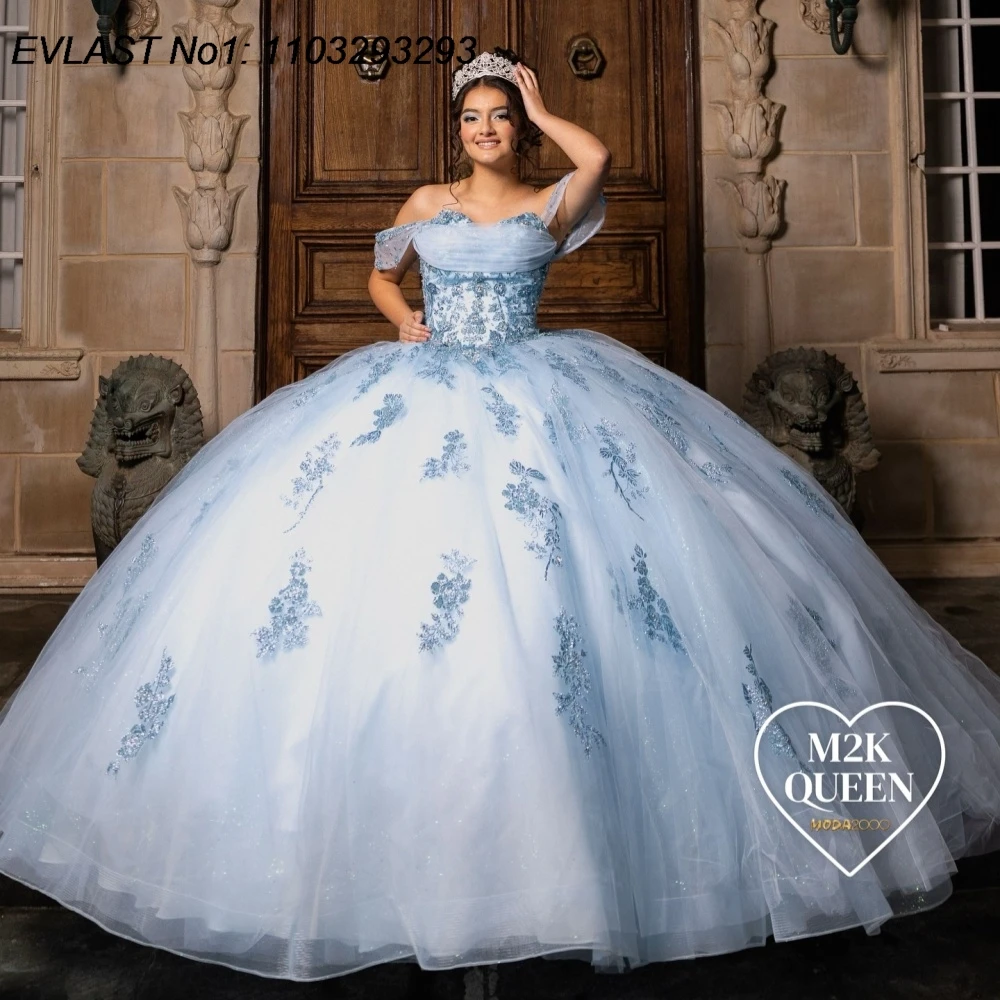 

EVLAST Customized Glitter Blue Ball Gown Quinceanera Dress Lace Applique Beading Corset Sweet 16 Vestidos De 15 Anos E1QN92