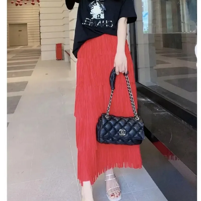 2023 New Vintage A-line High-waist Long Skirt Women Design Fringe Skirts Female Korean Fashion Tiered Skirt Elegant Solid Color