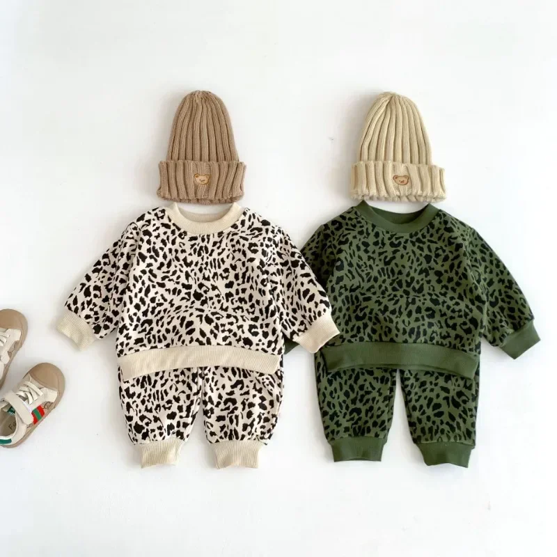 2023 Autumn Baby Boys Girls Clothing Toddler Casual Set Fashion Leopard Long-sleeved Suits T-Shirt Pants 2Pcs Sets Baby Clothes