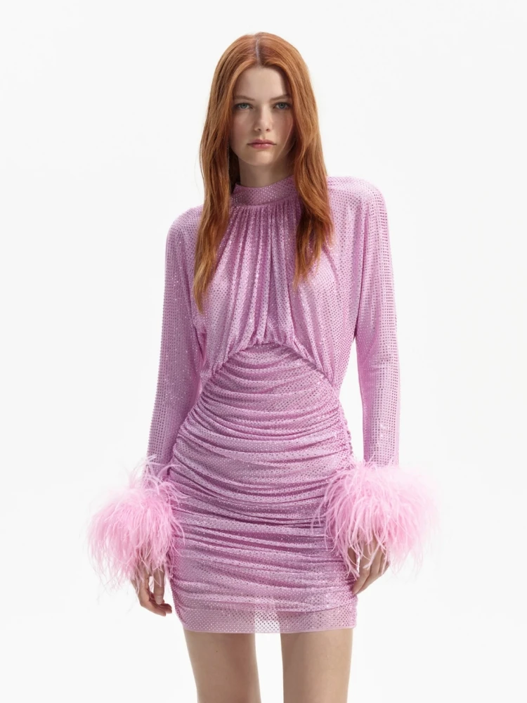 Sexy Shiny Rhinestone Feathers Mesh Mini Dress Women Pink Long Sleeves Diamonds Feather Folds Slim Dress Party Evening Club