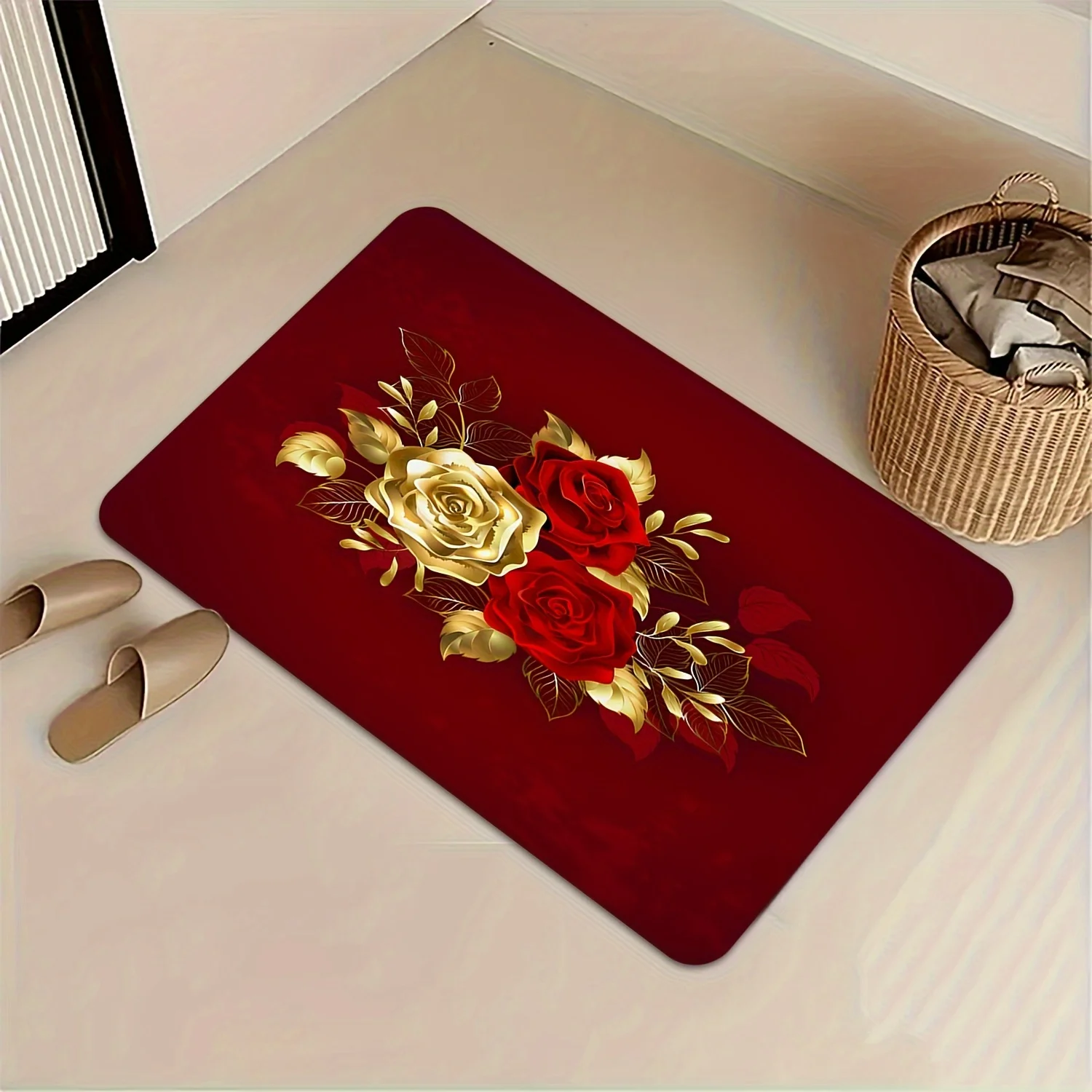 1pc Rose Print Mat, Golden Red Floral Pattern Floor Mat, Polyester Door Mat, Suitable for Living Room, Bedroom, Bathroom, Kitc